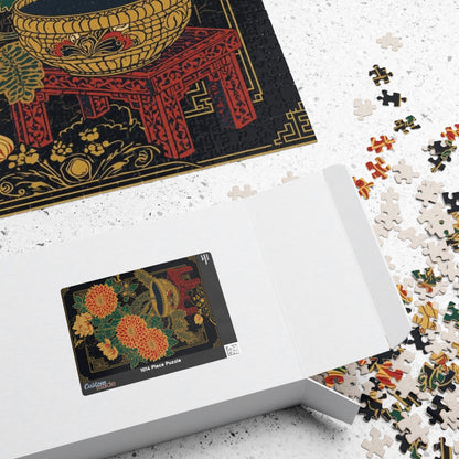 Luxury Japanese Hanafuda Jigsaw Puzzle – Chrysanthemum &amp; Sake Cup Gold Leaf Art