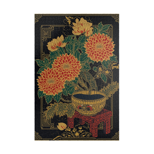 Luxury Japanese Hanafuda Jigsaw Puzzle – Chrysanthemum &amp; Sake Cup Gold Leaf Art