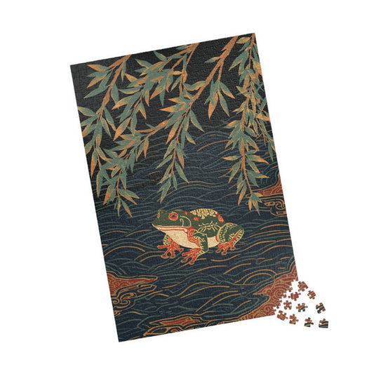 Luxury Japanese Hanafuda Jigsaw Puzzle – Willow &amp; Frog Gold Leaf Art