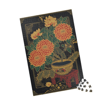 Luxury Japanese Hanafuda Jigsaw Puzzle – Chrysanthemum &amp; Sake Cup Gold Leaf Art
