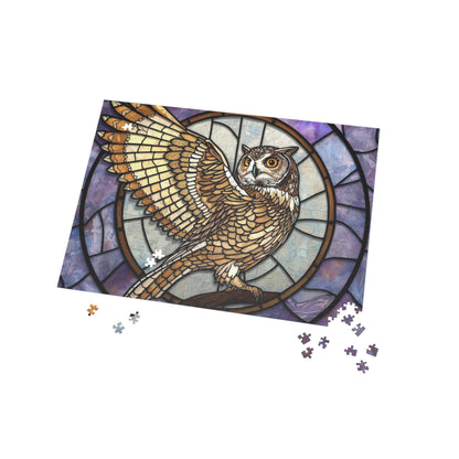 Stained Glass Eagle Owl Jigsaw Puzzle – Golden Art Puzzle, Majestic Owl Illustration, Relaxing Gift