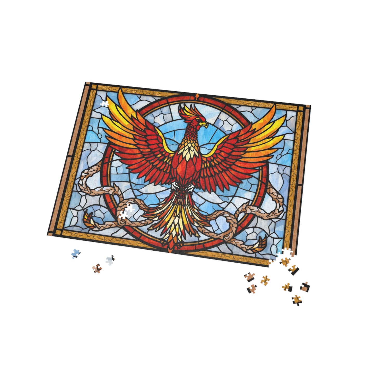 Stained Glass Phoenix Jigsaw Puzzle – Bright Colorful Fantasy Art Puzzle, Mythical Fire Bird Illustration, Relaxing Gift