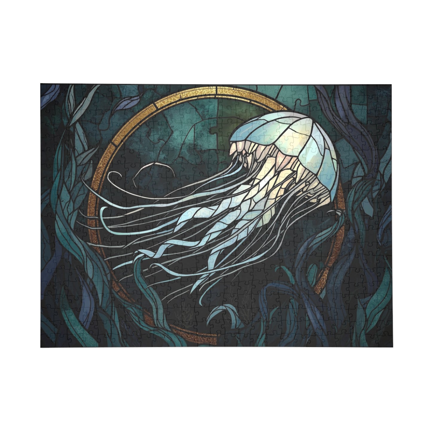 Stained Glass Jellyfish Jigsaw Puzzle – Dark Ocean Art Puzzle, Mystical Sea Life Illustration, Relaxing Gift