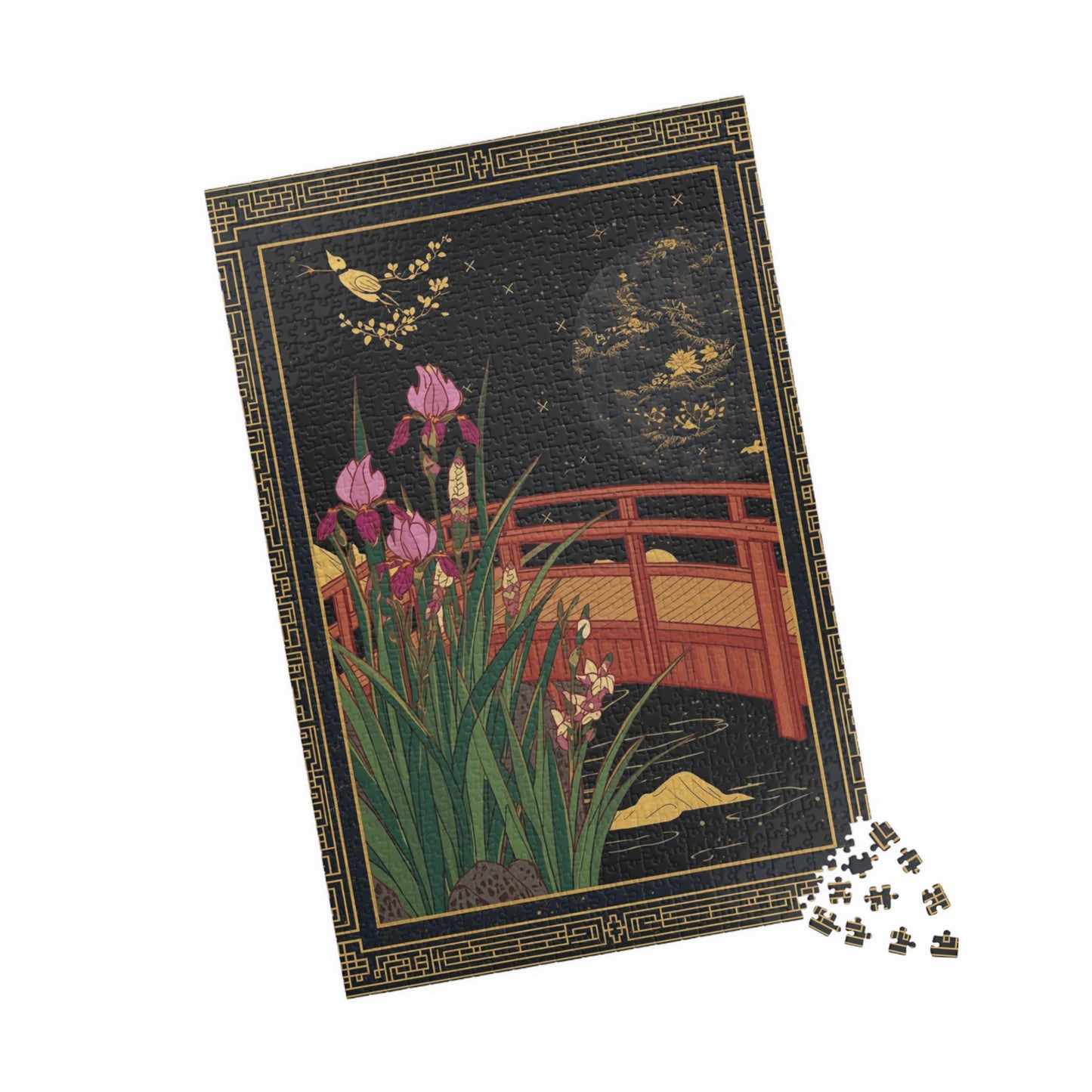 Luxury Japanese Hanafuda Jigsaw Puzzle – Iris &amp; Bridge Gold Leaf Art