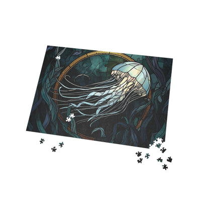Stained Glass Jellyfish Jigsaw Puzzle – Dark Ocean Art Puzzle, Mystical Sea Life Illustration, Relaxing Gift